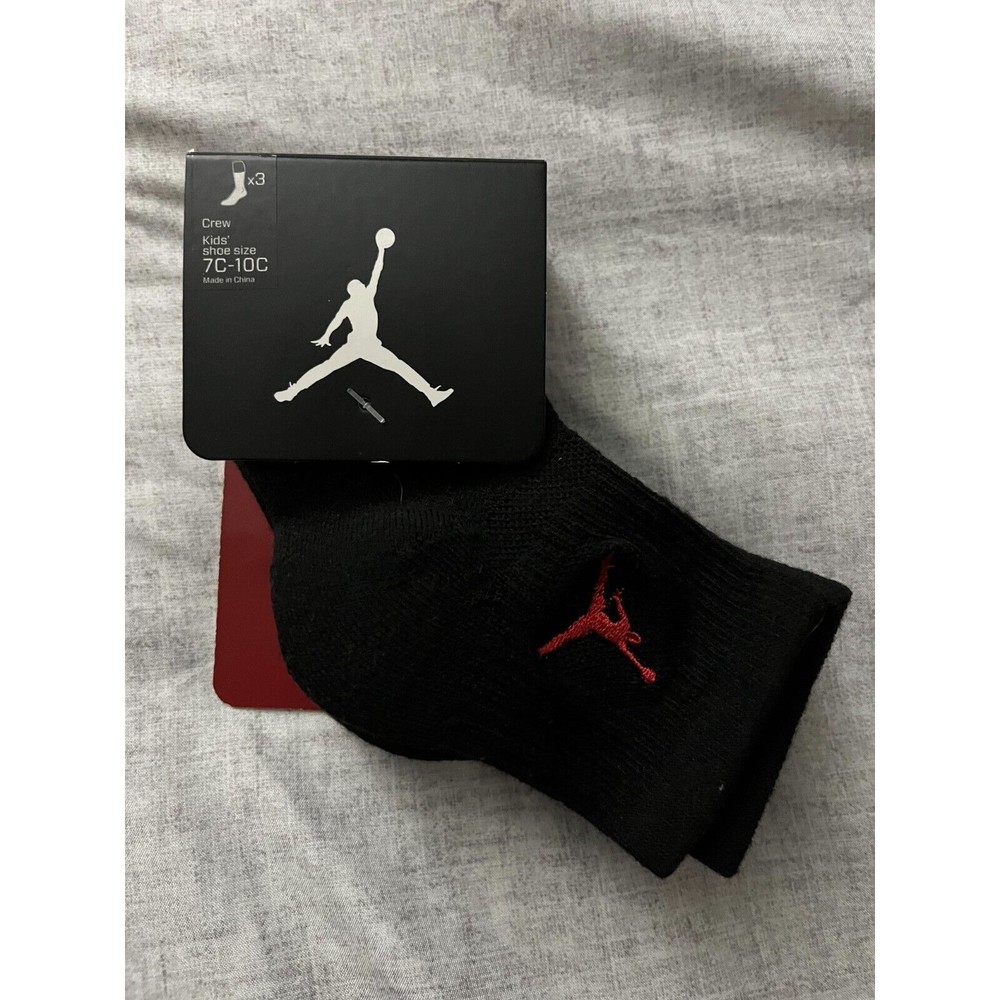 New Nike Air Jordan Crew Socks 3 Pair Kids 7C-10C sz 4-5 Blk w/Red Jumpman Logo
